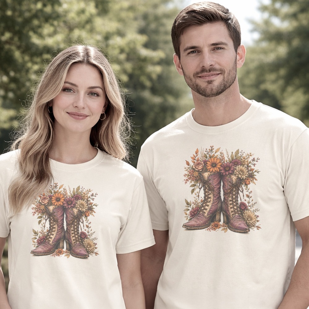 Lace-Up Boots Spilling Autumn Wildflowers Boho Tee